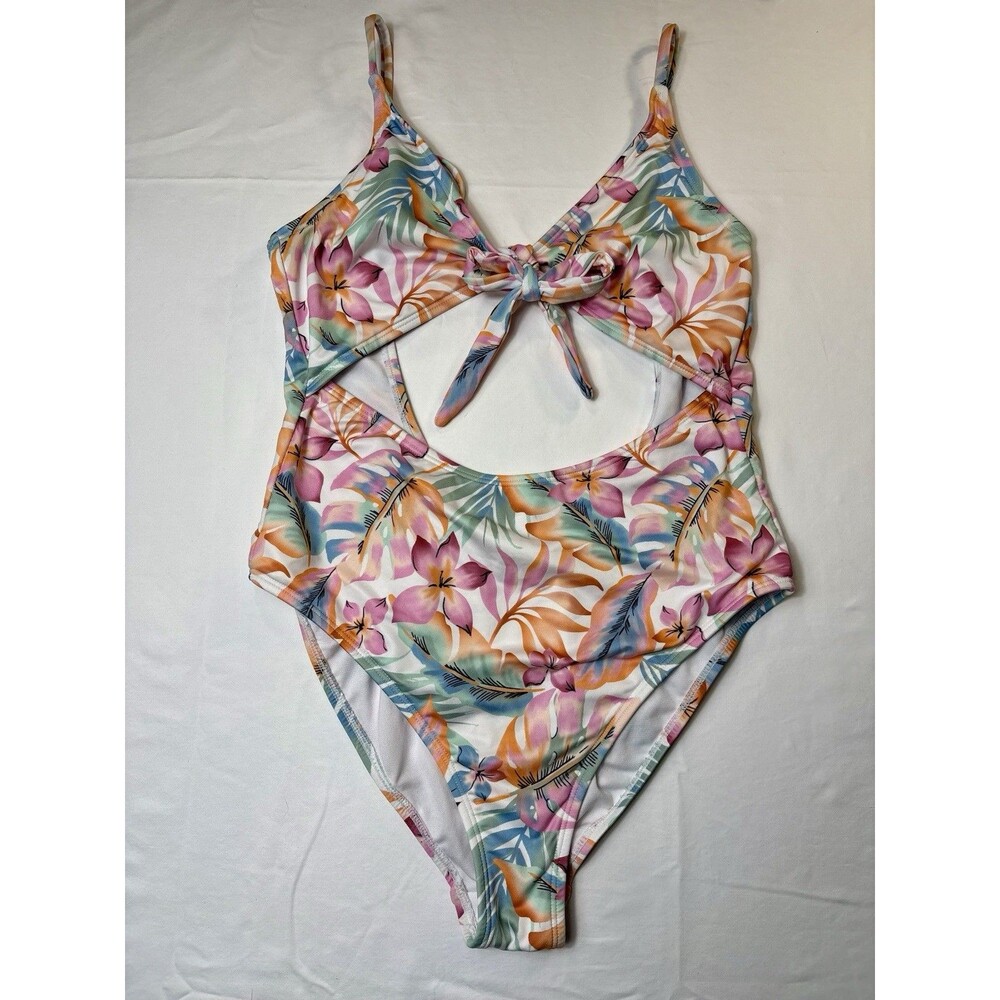 Hurley One Piece Swimsuit M Tropical Floral Tie Front Cutout High Leg B Cup